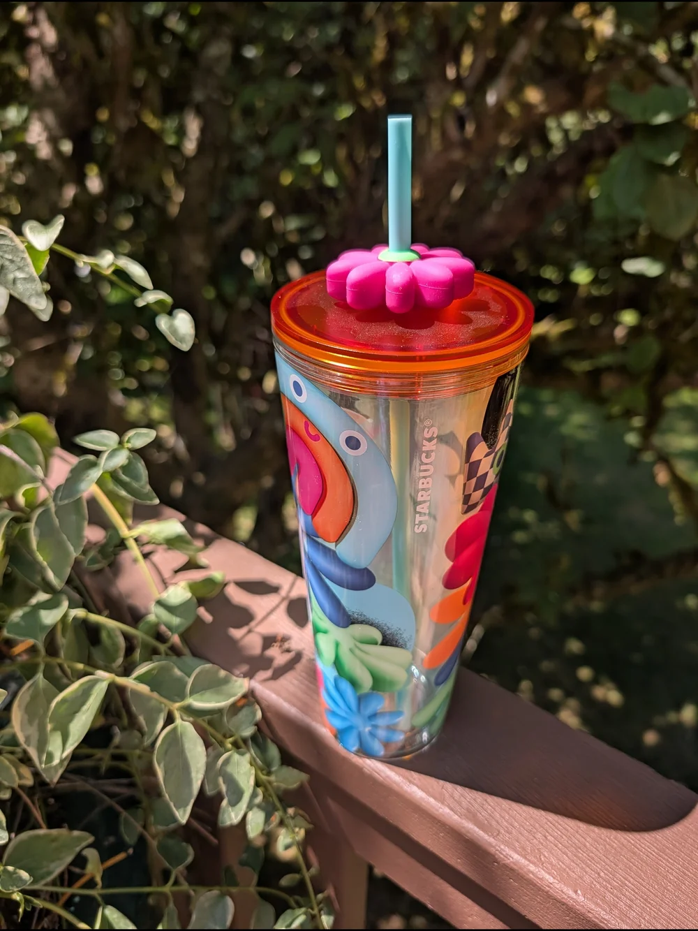 Starbucks Summer 2025 Cold Cup Multicolor Limited Release Pink Flower topper
